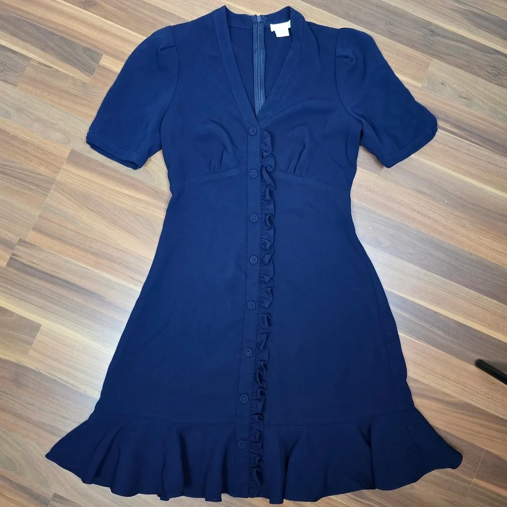 Shoshanna Spiaggia Dress Navy Blue Ruffle Button Front Short Sleeve Mini Size 2